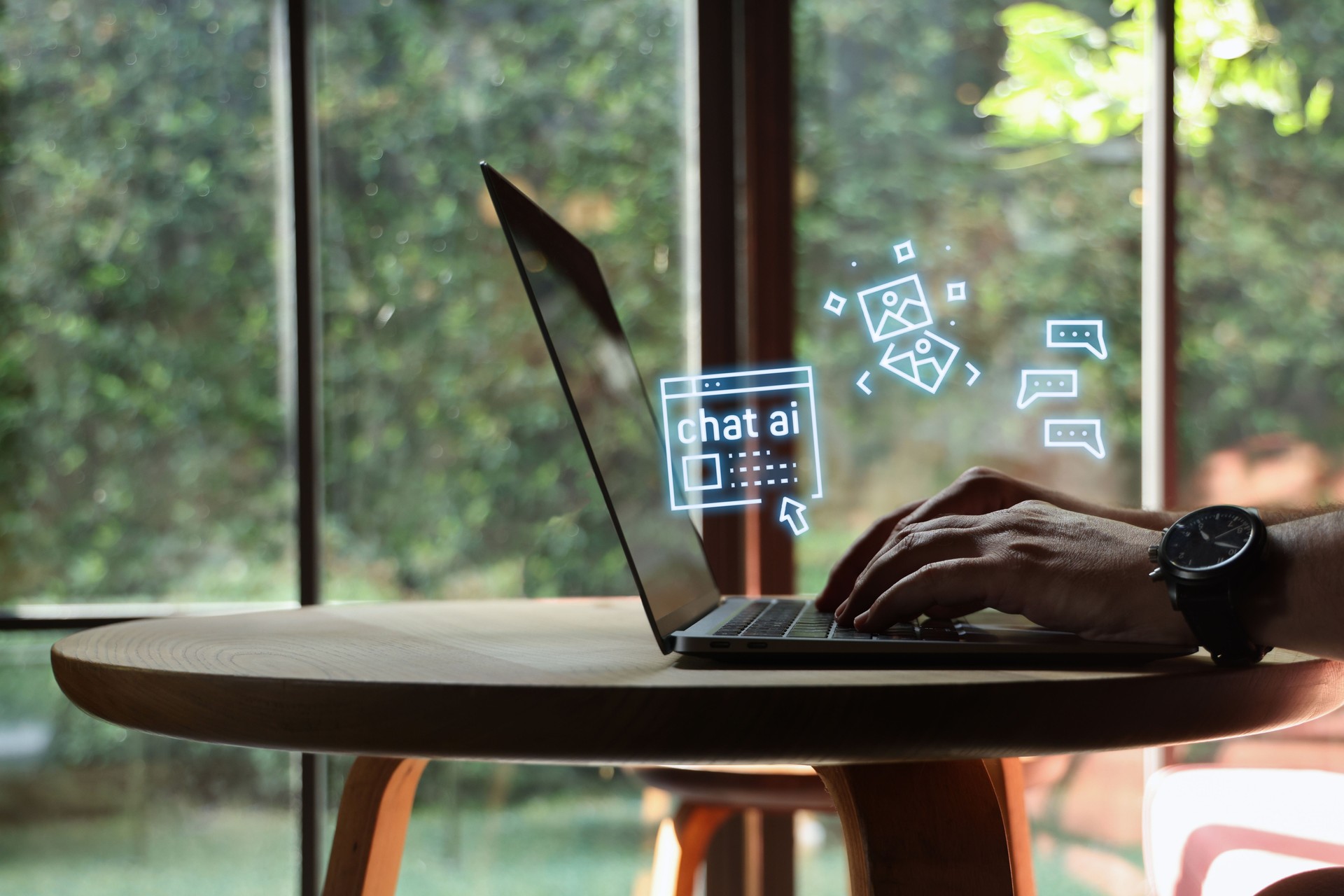 Man using laptop with artificial intelligence screen