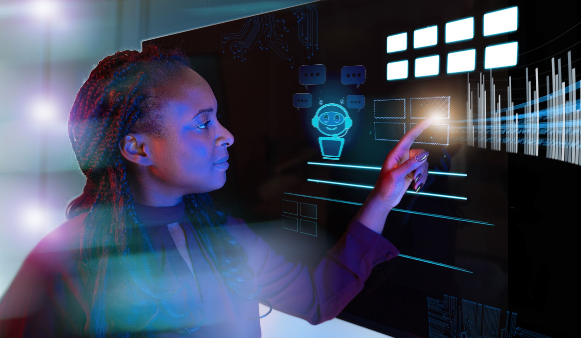 Mid adult African American businesswoman interacts with futuristic transparent screen displaying chatbot, digital graphs and data, symbolizing artificial intlellingence, advanced technology and innovation